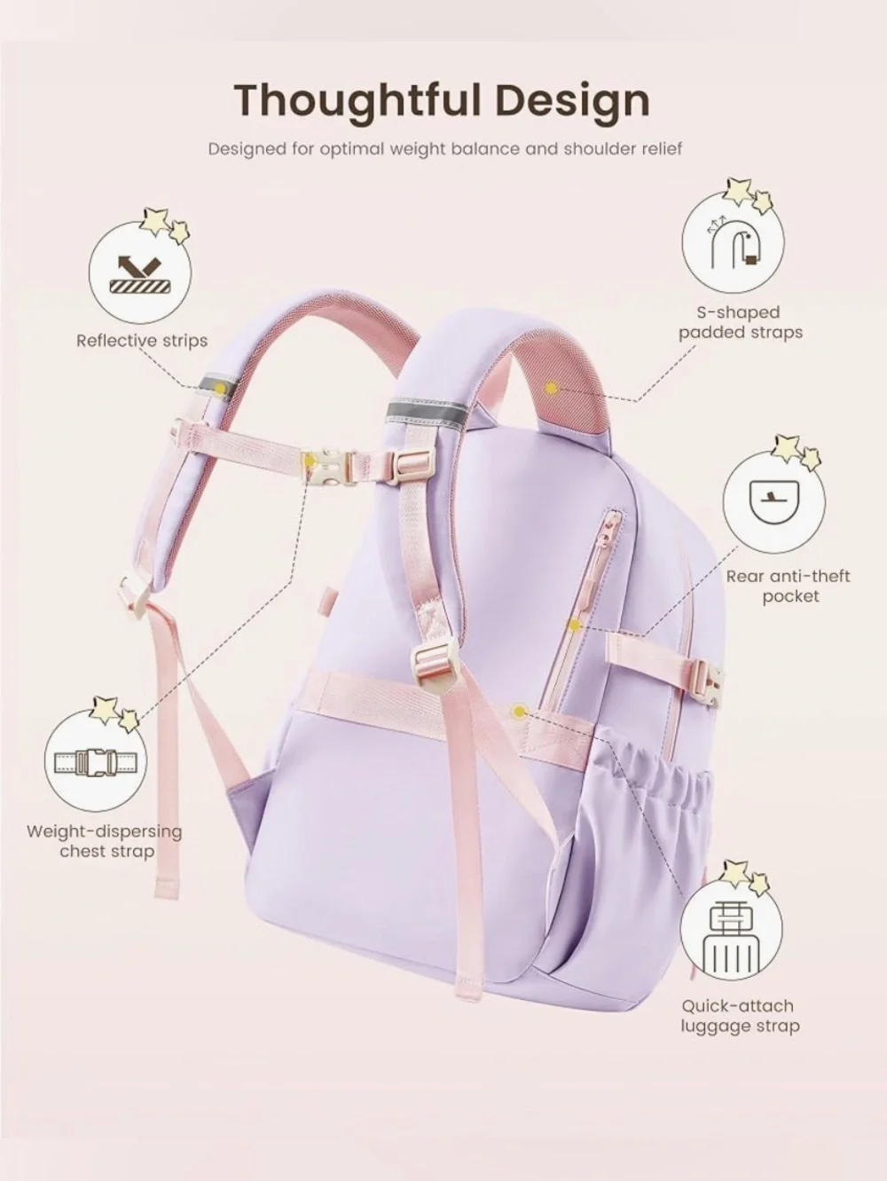 Girls Backpack Fits 17” Laptop & 40 oz Tumbler - cream, pink & purple